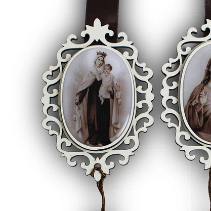 Escapulário de Porta Sagrado Coração de Jesus e Nossa Senhora do Carmo Sépia