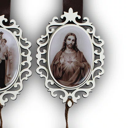 Escapulário de Porta Sagrado Coração de Jesus e Nossa Senhora do Carmo Sépia