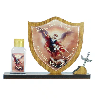 Escudo de Mesa São Miguel Arcanjo Com Porta Água Benta - 12 cm x 16,5 cm