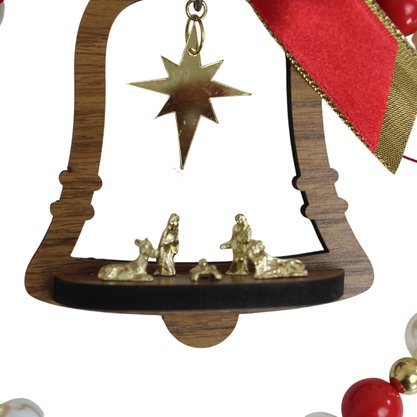 Guirlanda Sino Sagrada Família Dourado Pérola Vermelho - 16 cm x 15 cm