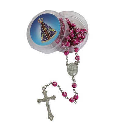 Terço de Nossa Senhora Aparecida Conta Cruz Rosa 8 mm