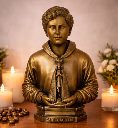 Imagem Busto de São Carlo Acutis de Mármore com Pintura Bronze - 30 cm