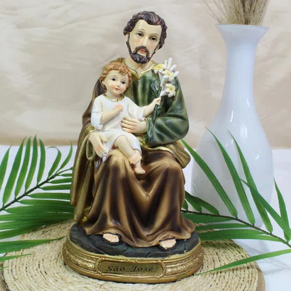 Imagem de São José Sentado com Menino Jesus de Resina Importada - 22 cm