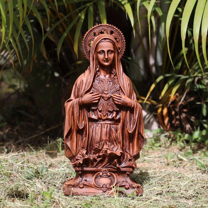 Imagem do Imaculado Coração de Maria de Resina com Efeito Madeira - 30 cm