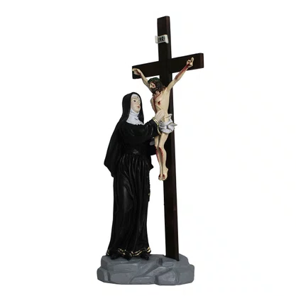 Imagem Nacional de Resina Santa Rita Contempla Jesus na Cruz - 53 cm