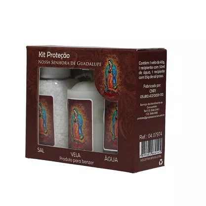 Kit Proteção Água Sal e Vela Nossa Senhora de Guadalupe