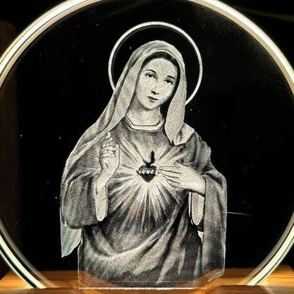 Luminária Led Imaculado Coração de Maria Vidro Esculpido - 9 cm