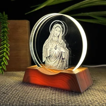Luminária Led Imaculado Coração de Maria Vidro Esculpido - 9 cm