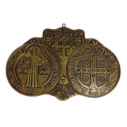 Medalha de São Bento de Mármore com Pintura em Bronze Envelhecido - 25 cm x 39 cm