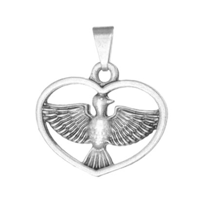 12 unid - Medalha Divino Espírito Santo Formato de Coração Prata Velha
