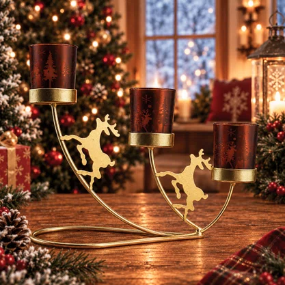 Candelabro Natalino 3 Copos Dourado - 16 cm x 27 cm