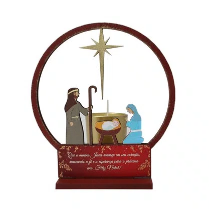 Natal Sagrada Família MDF Vela Vidro Dourado - 16 cm x 15 cm