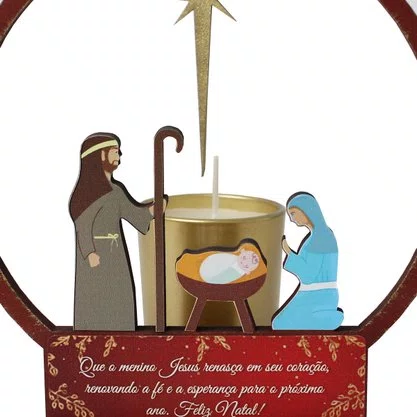 Natal Sagrada Família MDF Vela Vidro Dourado - 16 cm x 15 cm
