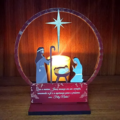 Natal Sagrada Família MDF Vela Vidro Dourado - 16 cm x 15 cm