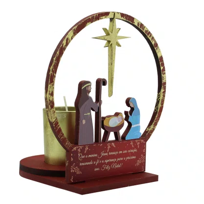 Natal Sagrada Família MDF Vela Vidro Dourado - 16 cm x 15 cm