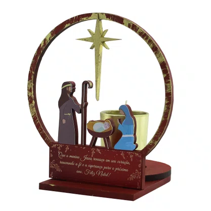 Natal Sagrada Família MDF Vela Vidro Dourado - 16 cm x 15 cm