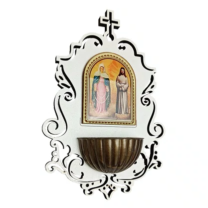 Pia Água Benta de Nossa Senhora das Lágrimas e Jesus Manietado MDF Branco - 19 cm x 13 cm