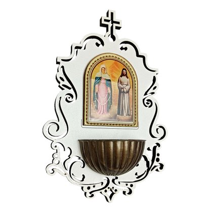 Pia Água Benta de Nossa Senhora das Lágrimas e Jesus Manietado MDF Branco - 19 cm x 13 cm