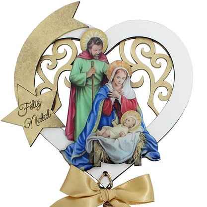Placa MDF Branco Coração Sagrada Família - 28 cm