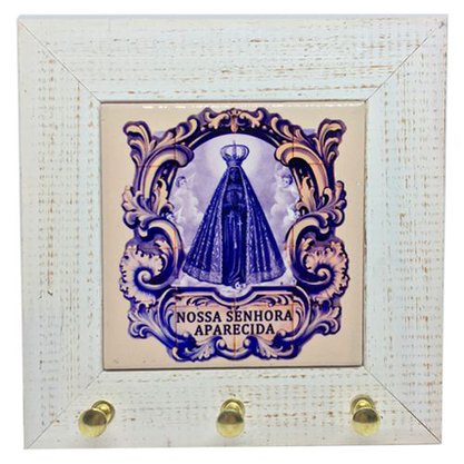 Porta Chaves Azulejo com Moldura em Madeira Nossa Senhora Aparecida Estilo Português - 16cm