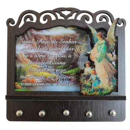 Porta Chaves Anjo da Guarda 3D em Madeira Resinada - 18cm