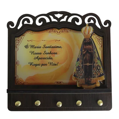 Porta Chaves Nossa Senhora Aparecida 3D Madeira Resinada - Amarelo - 18cm