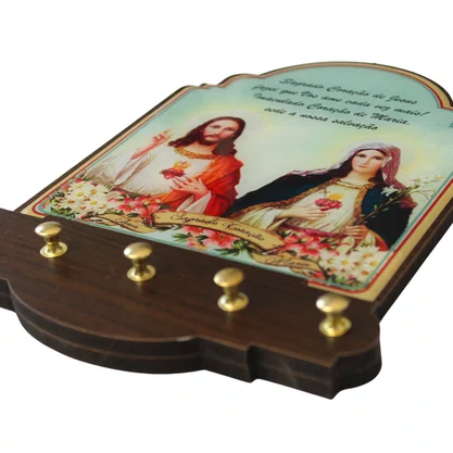 Porta Chaves Sagrado Coração de Jesus e Imaculado Coração de Maria Modelo Provençal em MDF Resinado 21cm