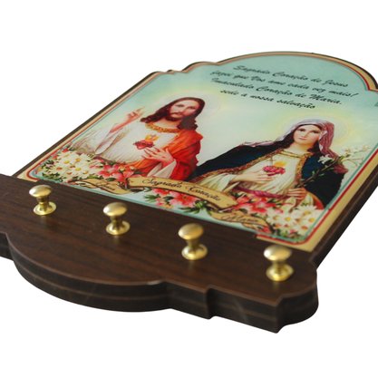Porta Chaves Sagrado Coração de Jesus e Imaculado Coração de Maria Modelo Provençal em MDF Resinado 21cm