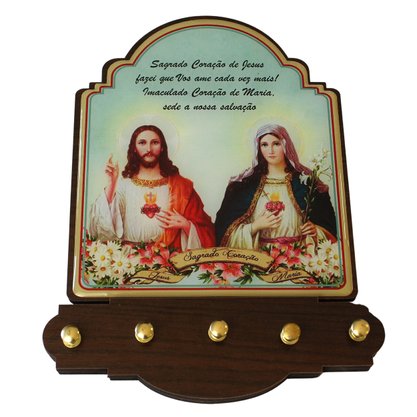 Porta Chaves Sagrado Coração de Jesus e Imaculado Coração de Maria Modelo Provençal em MDF Resinado 21cm