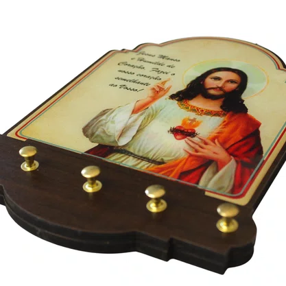 Porta Chaves Sagrado Coração de Jesus Modelo Provençal MDF Resinado - 21 cm x 16 cm
