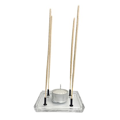 Porta Incenso Quadrado Vidro Quatro Pinos e Vela Rechô Branca - 10 cm