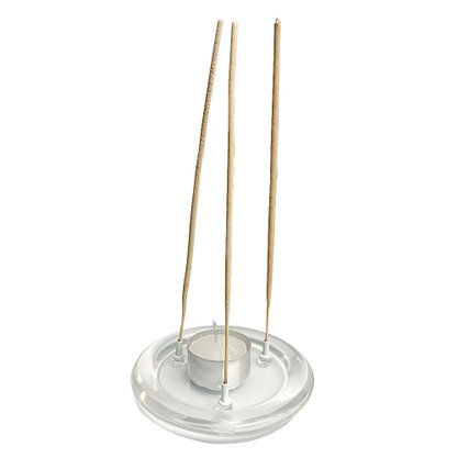 Porta Incenso Vidro Redondo Três Pinos e  Vela Rechô Branca - 11 cm