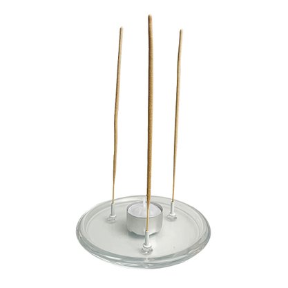 Porta Incenso Vidro Redondo Três Pinos e  Vela Rechô Branca  - 14 cm