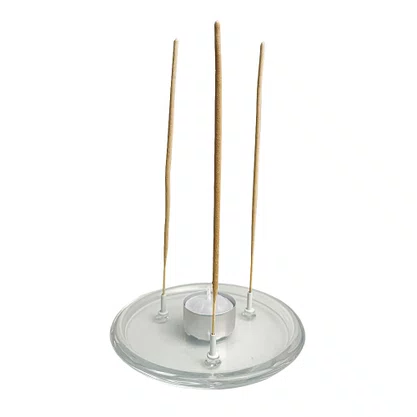 Porta Incenso Vidro Redondo Três Pinos e  Vela Rechô Branca  - 14 cm