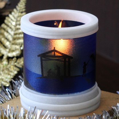 Porta Vela Vidro Base Mármore Jateado Natal Com Vela Verde Vidro