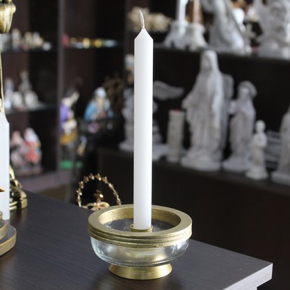 Porta Vela Vidro Duplo Vela Palito e Rechô Dourado - 4,5 Cm