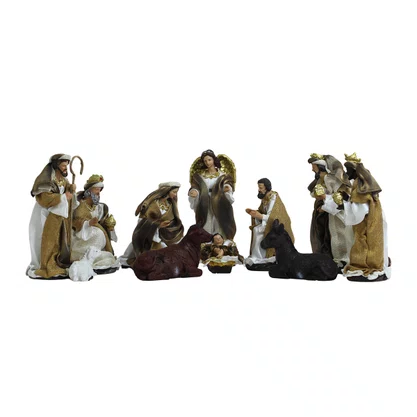 Presépio de Resina com Roupa Tecido Dourado e Marrom 11 Peças - 20 cm