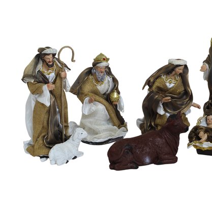 Presépio de Resina com Roupa Tecido Dourado e Marrom 11 Peças - 20 cm