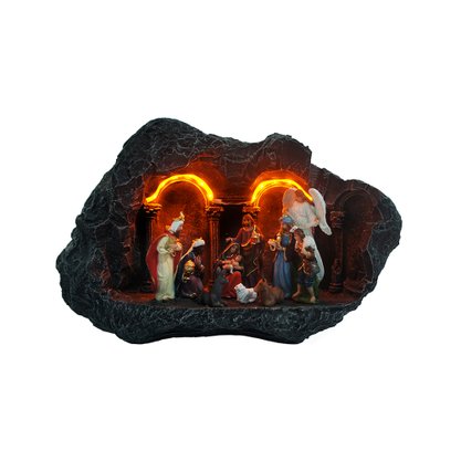 Presépio de Resina Nacional Gruta Marrom com iluminação Laranja 10 peças 21cm x 36cm