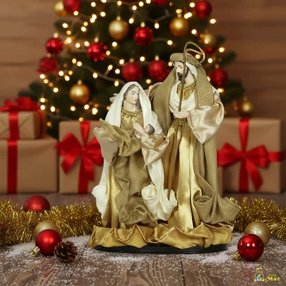 Presépio Importado de Resina Tecido Branco Dourado - 30 cm