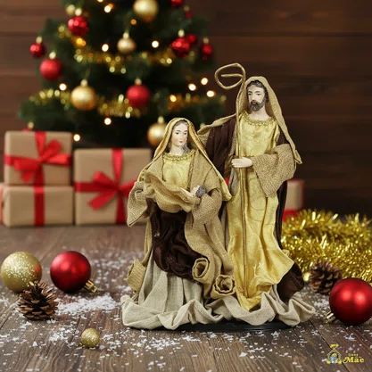 Presépio Importado de Resina Tecido Marrom Dourado - 30 cm