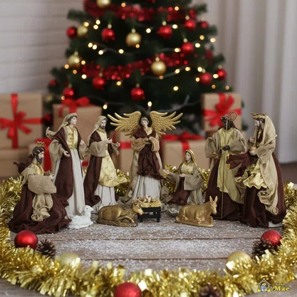 Presépio Importado Tecido Marrom e Dourado 11 Peças - 40 cm