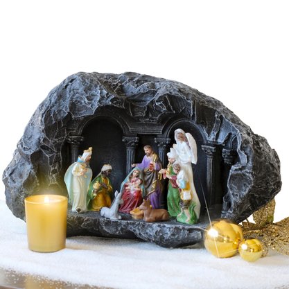 Presépio na Gruta Cinza 10 Figuras de Resina Nacional - 21 cm x 35 cm