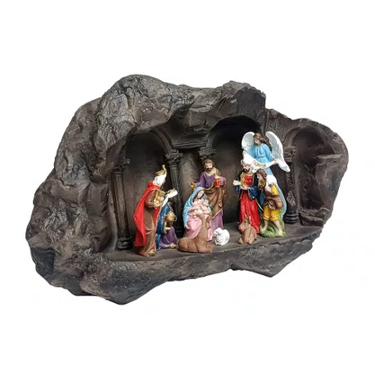Presépio na Gruta Marrom 10 Figuras de Resina Nacional - 21 cm x 35 cm
