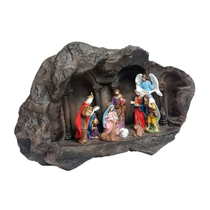 Presépio na Gruta Marrom 10 Figuras de Resina Nacional - 21 cm x 35 cm