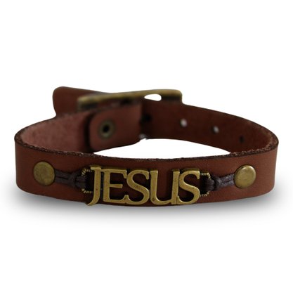 Pulseira de Couro Marrom Jesus - Unissex 