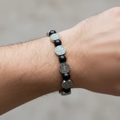 Pulseira Cruz Medalha de São Bento Hematita