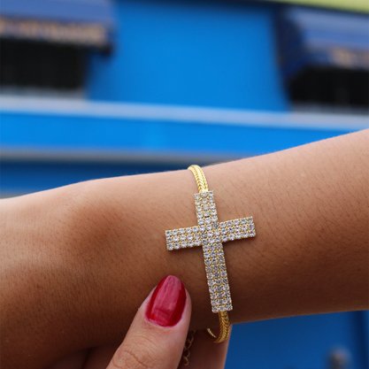 Pulseira Cruz Strass Dourada