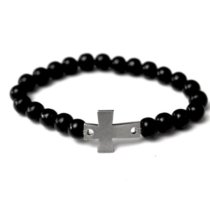 Pulseira Cruz Prata Madeira Preta - 8 mm