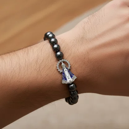 Pulseira Nossa Senhora Aparecida Branca Hematita - 8 mm